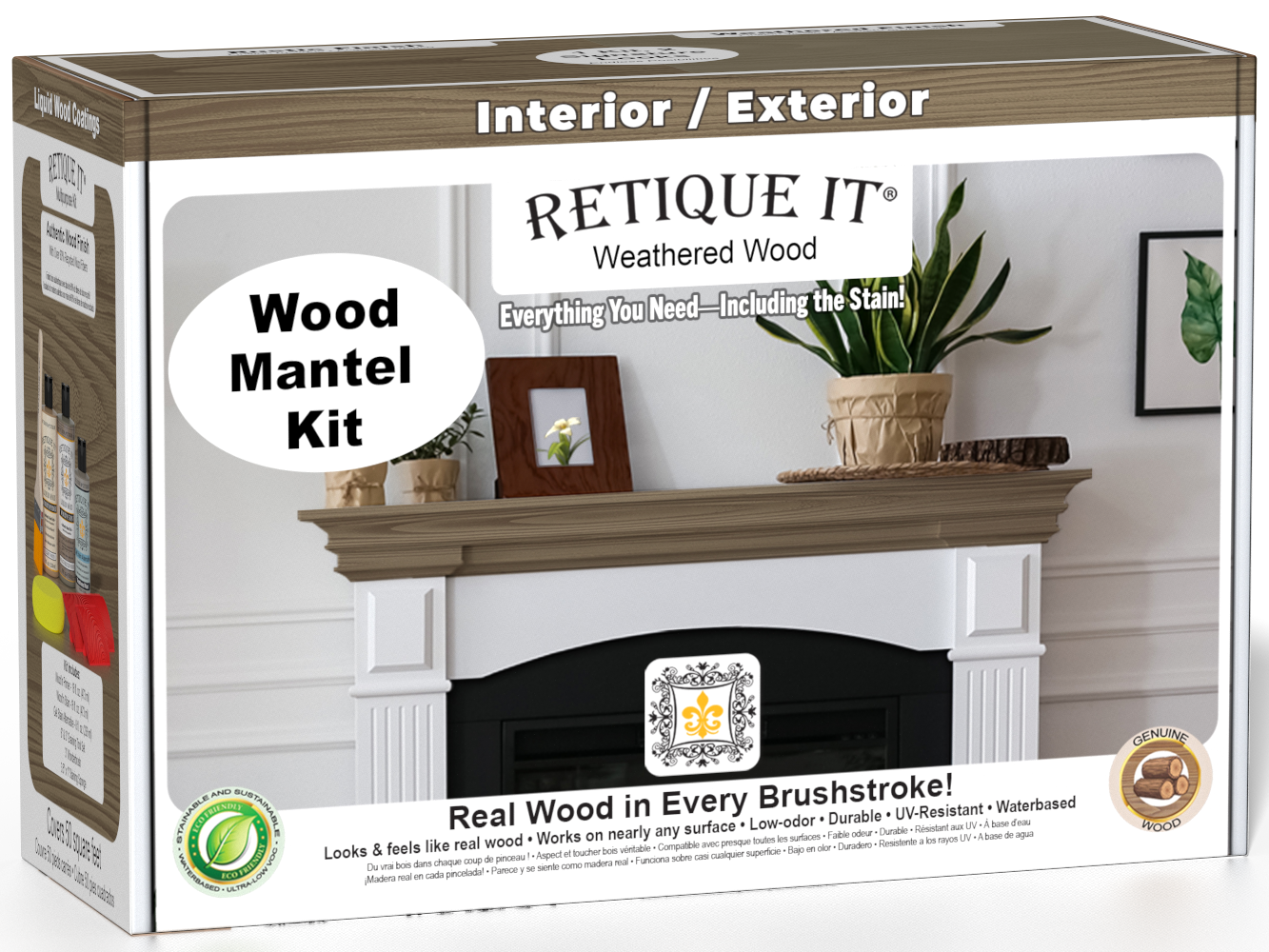 Retique It Weathered Wood Fireplace Mantel Wood'n Finish Kit stain box showing weathered wood color and textured wood finish for mantels.