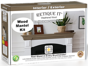 Retique It Weathered Wood Fireplace Mantel Wood'n Finish Kit stain box showing weathered wood color and textured wood finish for mantels.