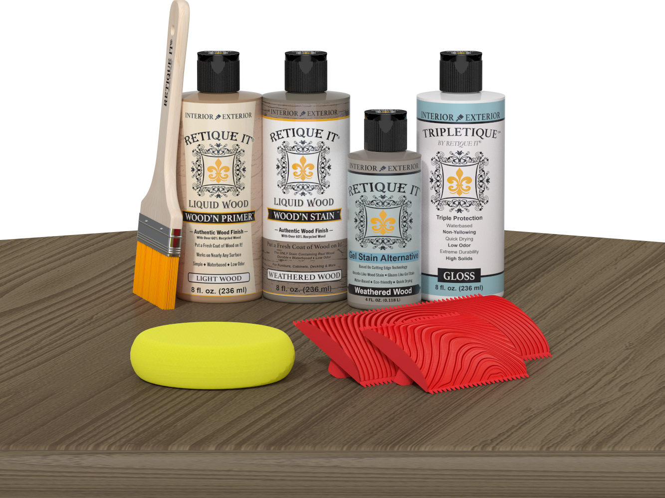 Retique It® Wood'n Finish Kit in Weathered Wood stain showing a tabletop with weathered wood finish and stain application.