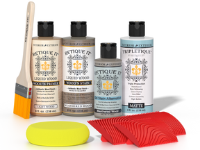 Retique It® Wood'n Finish Kit in Weathered Wood stain for tabletops, showcasing the weathered wood look and stain application.