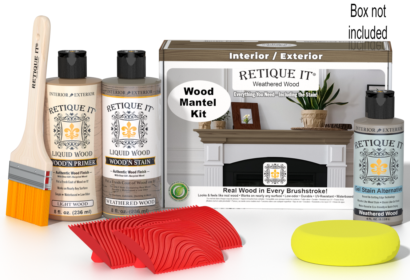 Retique It Weathered Wood Fireplace Mantel Wood'n Finish Kit stain applied to a wooden mantel with a weathered finish.