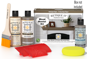 Retique It Weathered Wood Fireplace Mantel Wood'n Finish Kit stain applied to a wooden mantel with a weathered finish.