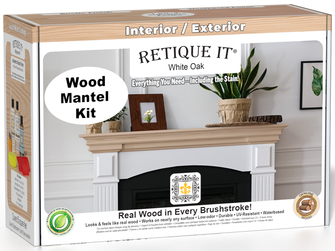 Retique It Fireplace Mantel Wood'n Finish Kit in White Oak stain, showing the wood stain box and sample wood finish.