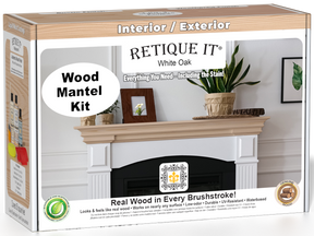 Retique It Fireplace Mantel Wood'n Finish Kit in White Oak stain, showing the wood stain box and sample wood finish.