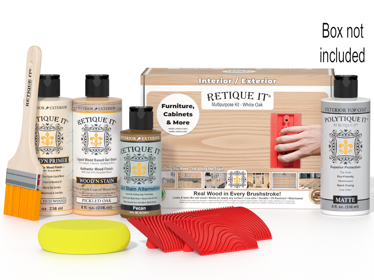 Retique It Wood'n Finish Kit in Oak, includes brushes and tools for wood finishing projects, shown in the box.