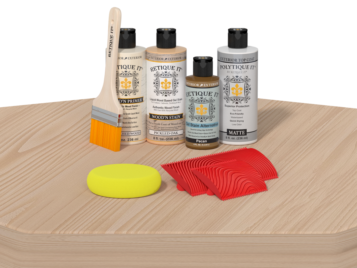 Retique It Wood'n Finish Kit WNK-woak-pltqm with a finished oak table showing the product in use