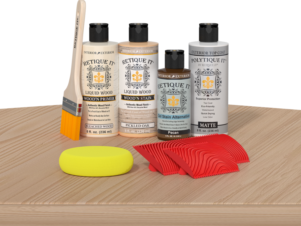 Retique It® Wood'n Finish Kit in White Oak, exterior top coat on a table, showing the multi-purpose wood finishing product.