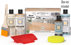 Retique It® Wood'n Finish Kit for tabletops in White Oak stain, featuring stain bottles and application tools.