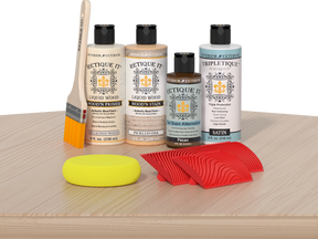 White Oak Wood'n Finish Kit by Retique It® for interior top coating, shown on a table with wood finish components.
