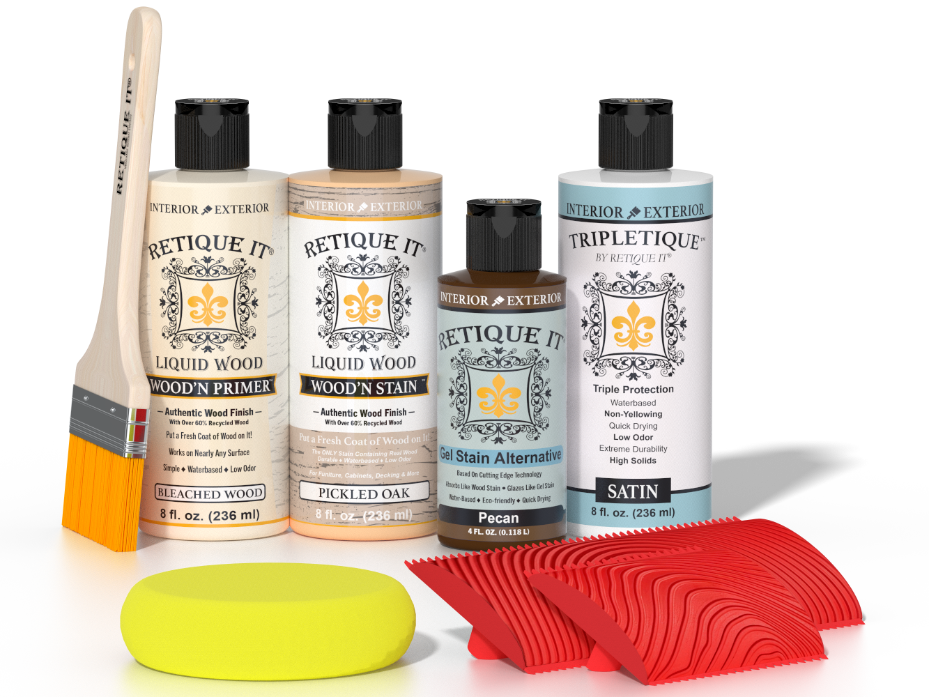 Retique It® Wood'n Finish Kit in White Oak for interior top coat, showing a wood finish application with wood grain detail.