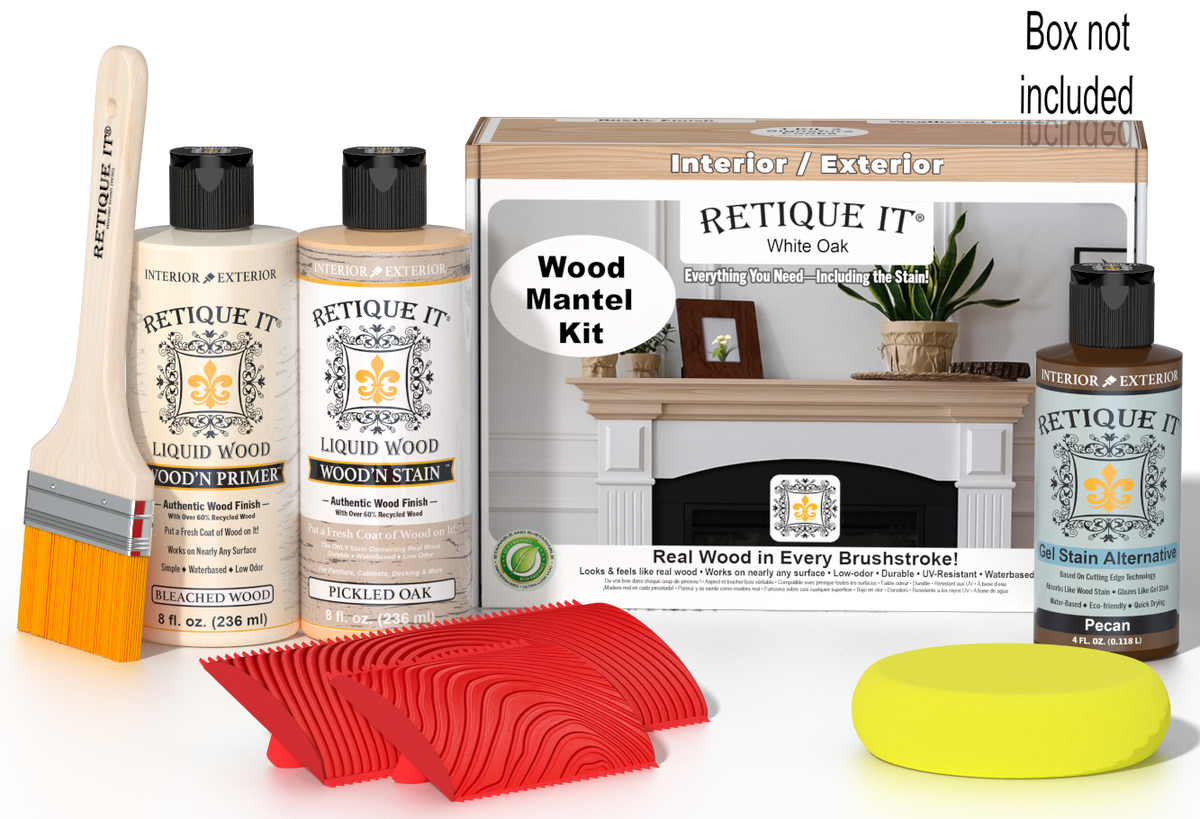 Retique It® White Oak Fireplace Mantel Wood'n Finish Kit showing stained wood mantel with white oak finish and stain box.