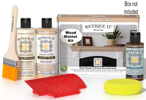 Retique It White Oak Fireplace Mantel Wood'n Finish Kit showing stained wood mantel with white oak finish and stain box.