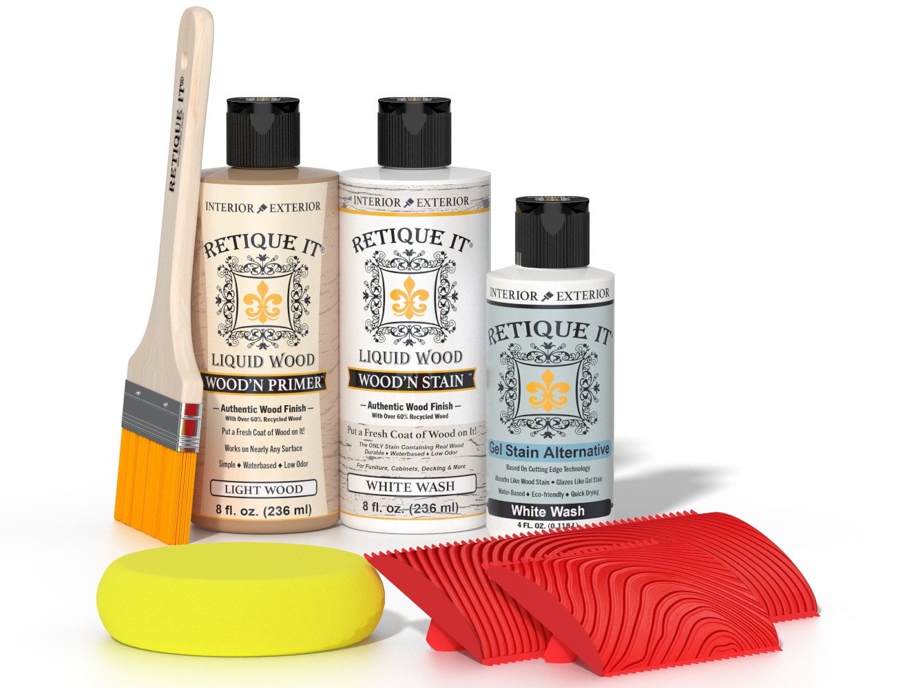 Retique It White Wash wood finish kit for fireplace mantels, featuring stains and application tools in a natural wood appearance.