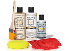 Retique It White Wash wood finish kit for fireplace mantels, featuring stains and application tools in a natural wood appearance.