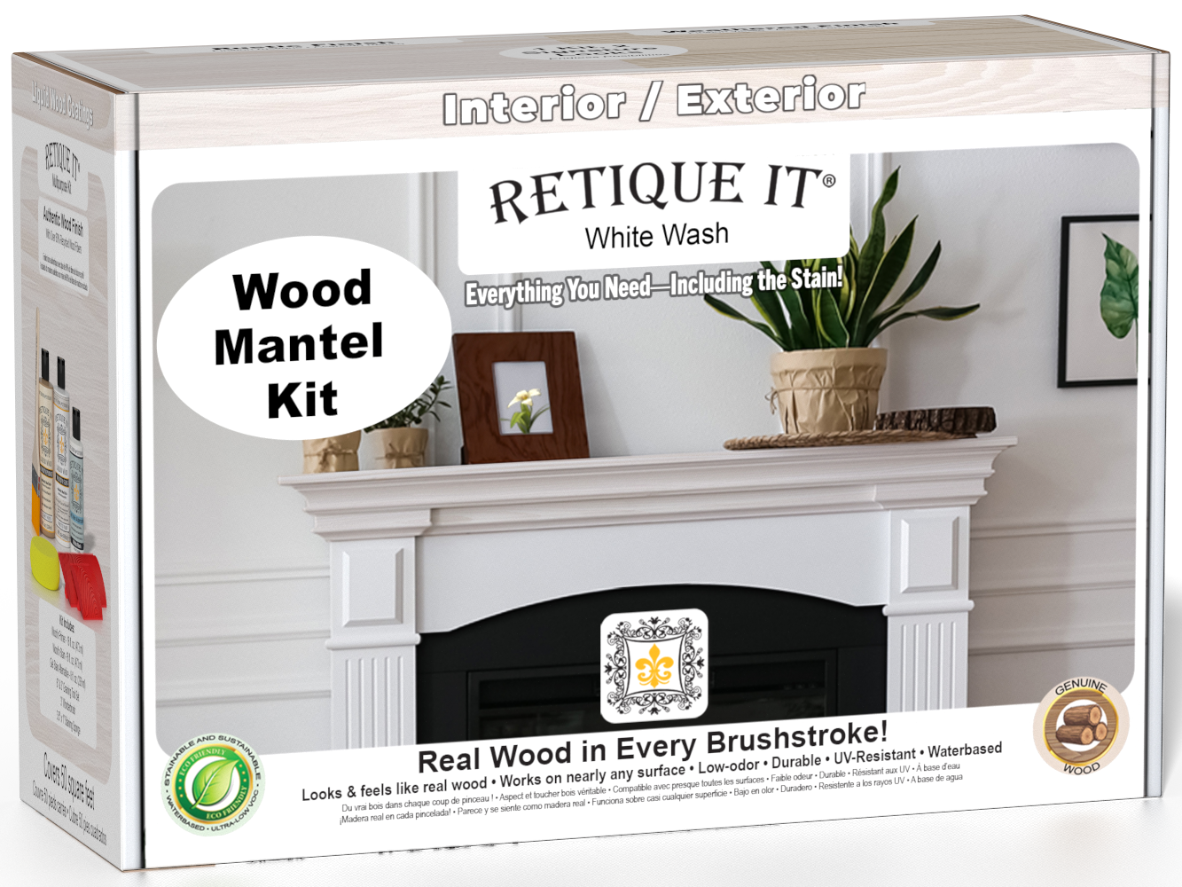 Retique It White Wash wood stain kit for fireplace mantels, featuring a wood finish and application tools in the box.