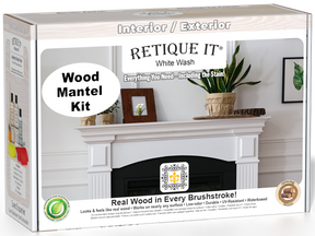 Retique It White Wash wood stain kit for fireplace mantels, featuring a wood finish and application tools in the box.
