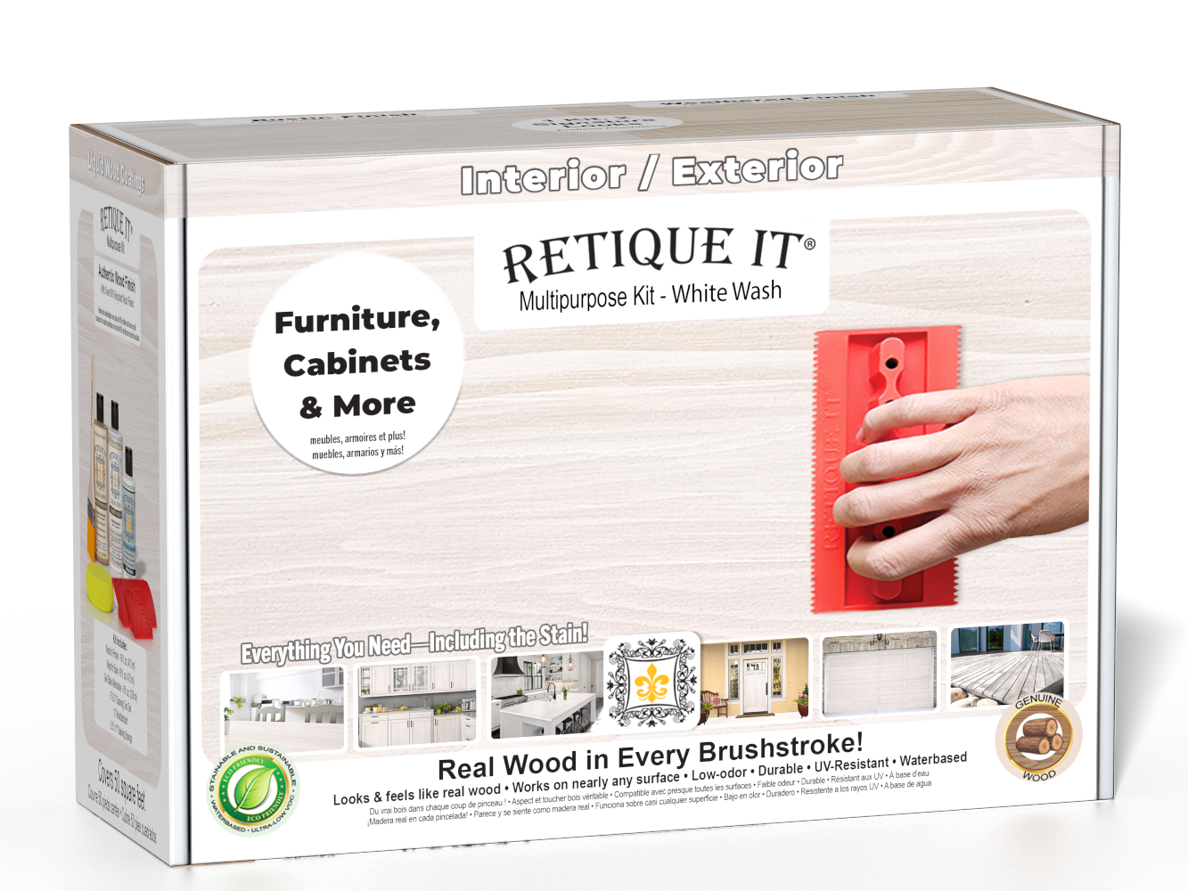 Retique It® Wood'n Finish Kit in White Wash for exterior top coating, shown in the box with applicator brushes.