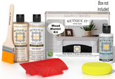 Retique It Wood'n Finish Kit in White Wash stain for fireplace mantels, shown in a box with application tools.