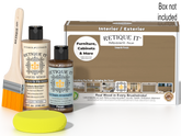 Retique It® Multi-purpose Smooth Finish Kit in Pecan for wood finishing, shown with application tools and product packaging.