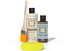 Retique It® White Oak kit with brush, Wood’n Primer, Pecan stain alternative, and yellow sponge.