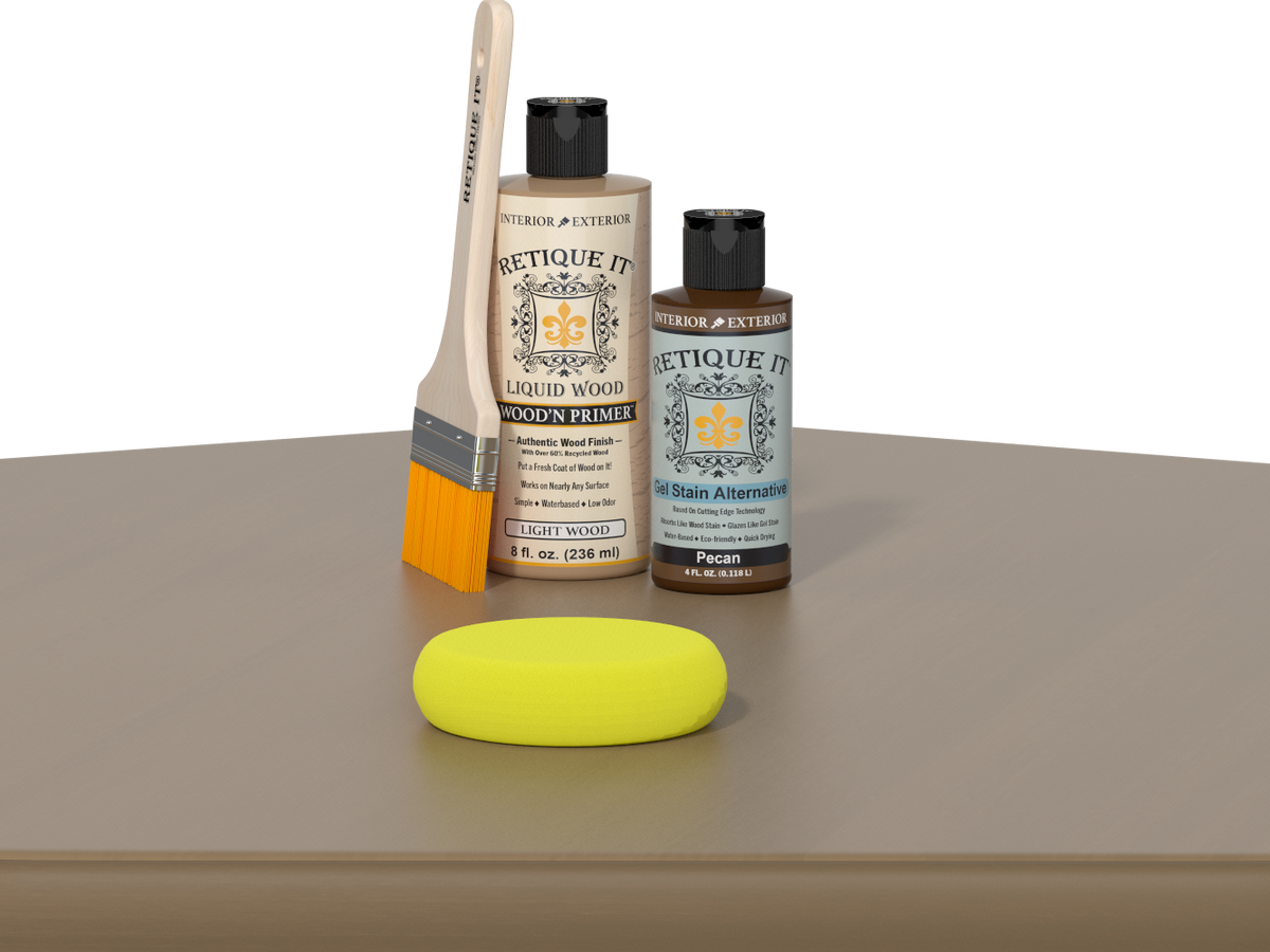 Retique It® Multi-purpose Smooth Finish Kit in Pecan wood with application tools for furniture refinishing.