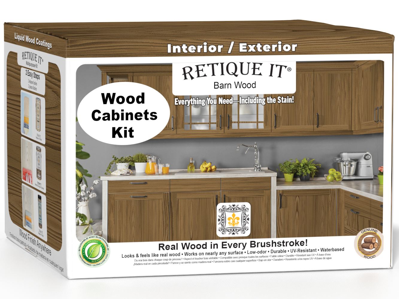 Retique It® Wood'n Cabinet Kit with 48 barn wood-grained stained cabinet doors, shown in a 3D box view.
