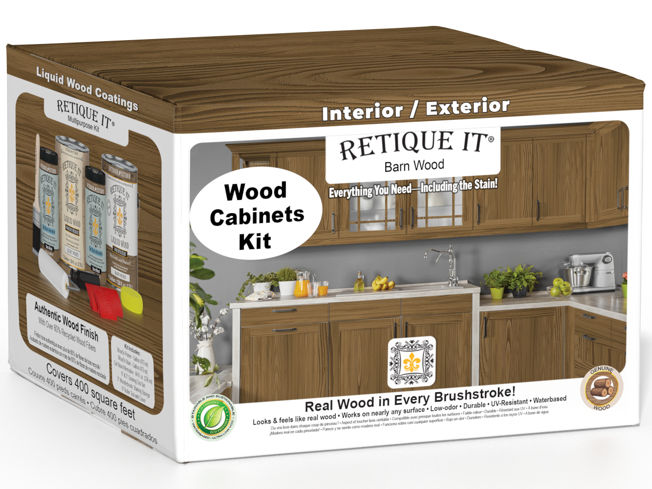 Retique It Wood'n Cabinet Kit with 48 barn wood grained doors, stained finish, showcasing natural wood grain and cabinet design.