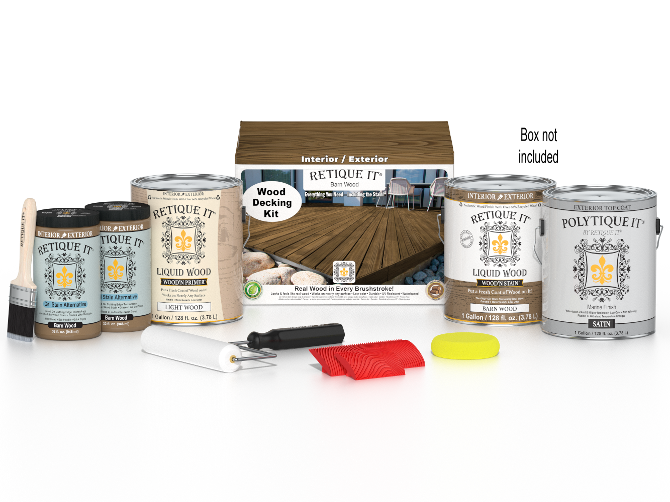 Retique It Barn Wood decking wood stain kit with wood sample and application tools for outdoor deck projects.