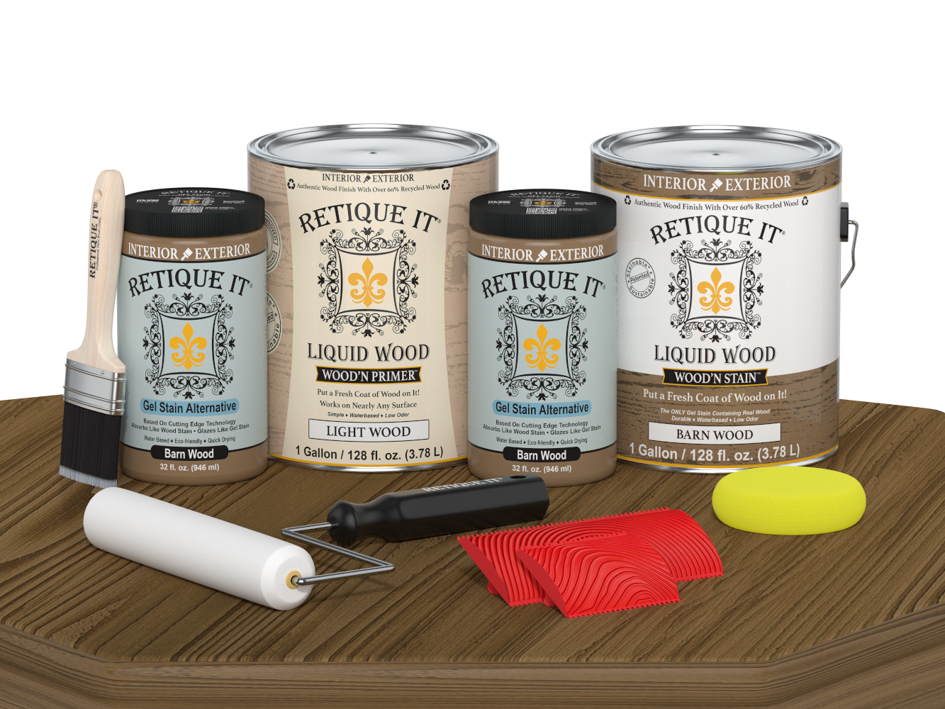 Retique It Wood'n Cabinet Kit with 48 barn wood-grained stained cabinet doors, shown on a table for easy installation.