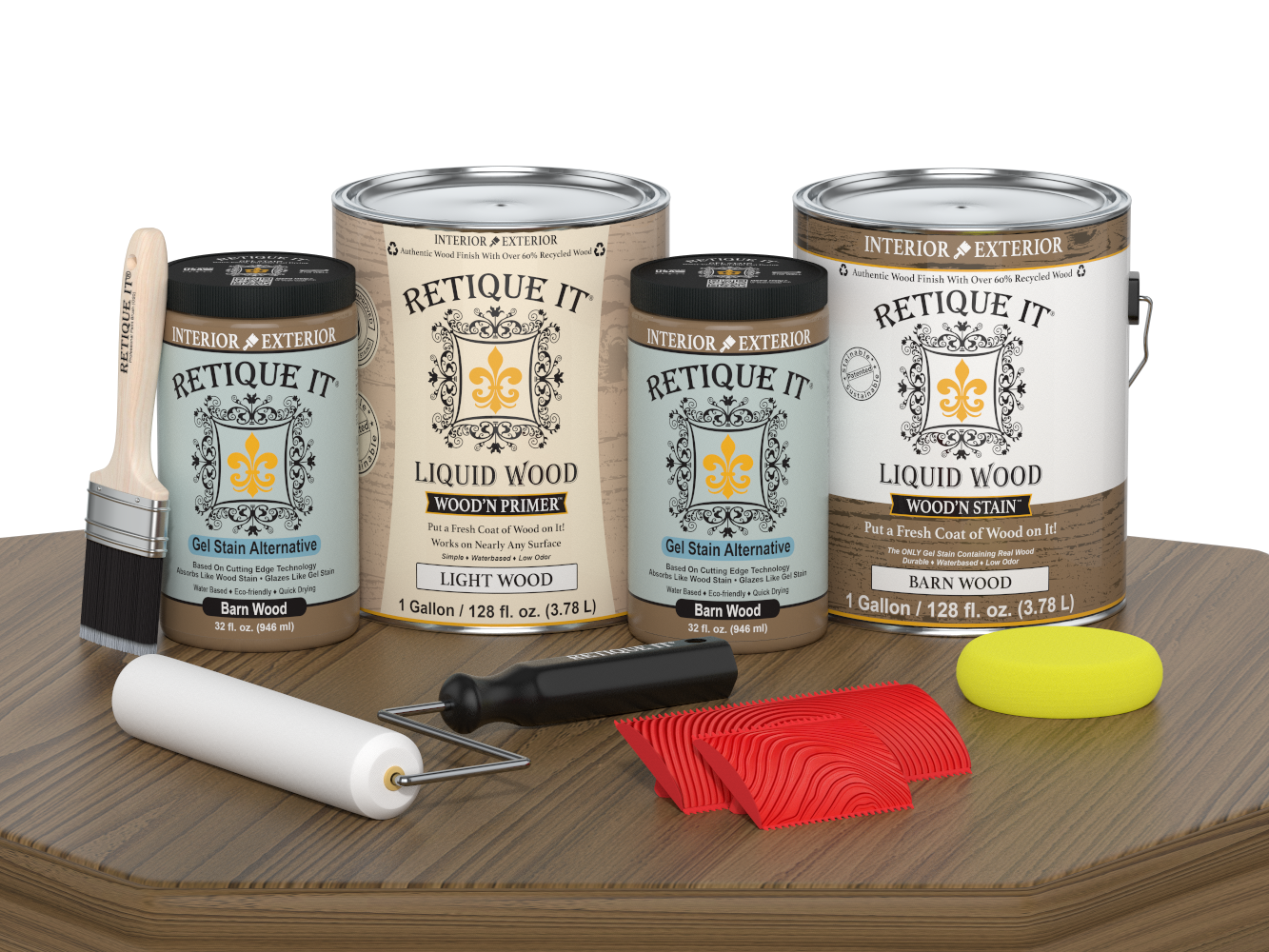 Retique It Wood'n Finish Kit with four large Barn Wood color samples for multi-purpose wood finishing projects.