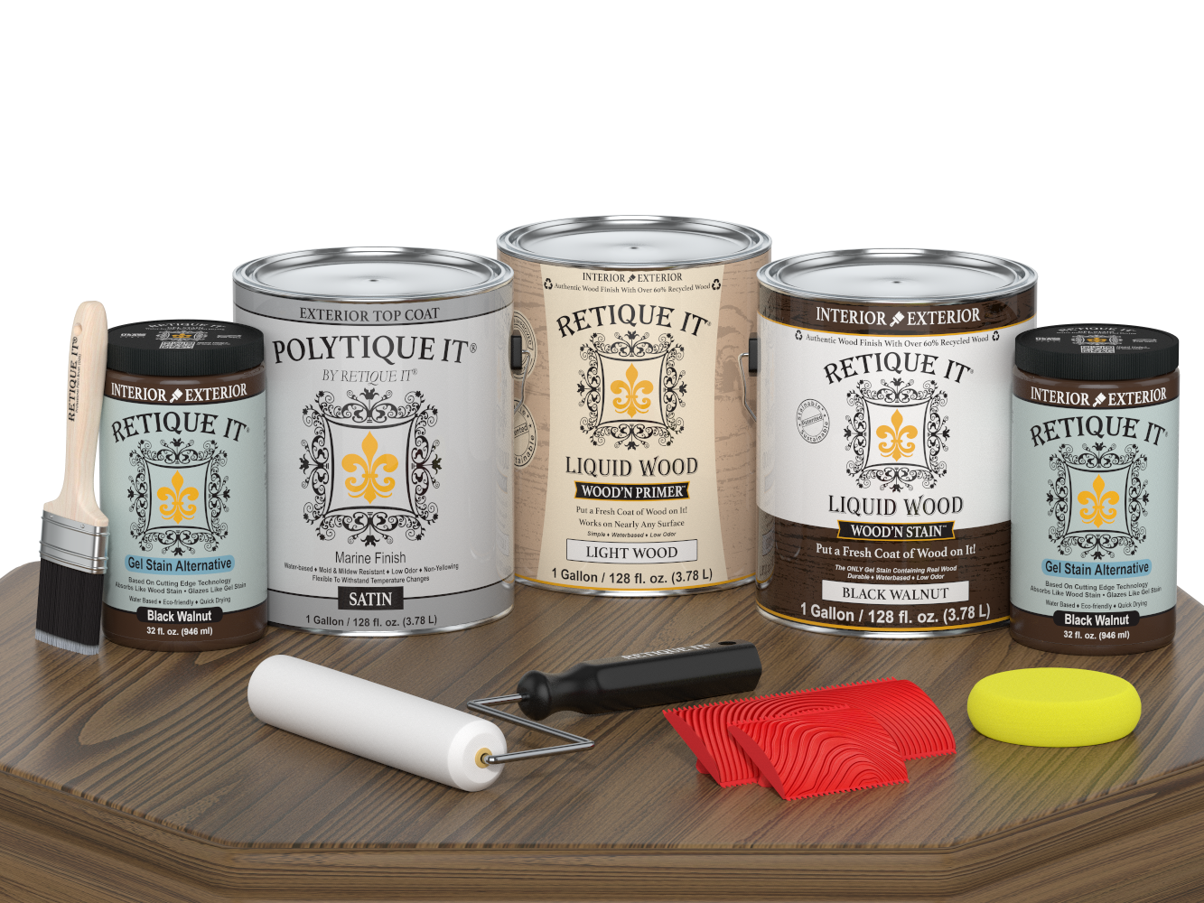 Retique It® Wood'n Kit in black walnut with satin finish, featuring large exterior top coat containers for multi-purpose wood finishing.