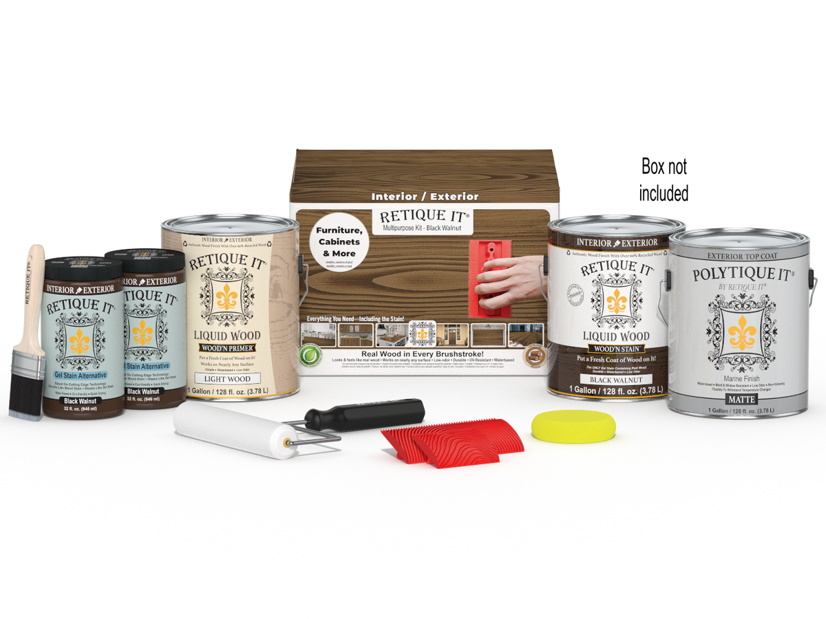 Retique It® Wood'n Kit in black walnut for exterior wood finishing, includes four large containers with application tools.