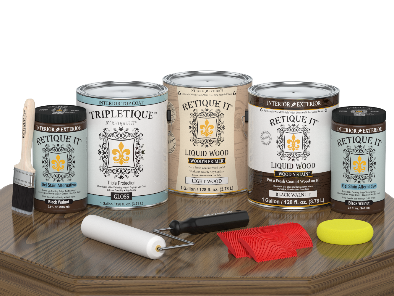 Retique It® Wood'n Finish Kit in black walnut, multi-purpose interior top coat for wood furniture with a glossy finish.