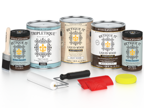 Retique It® Wood'n Kit in black walnut finish, multi-purpose interior top coat with satin sheen, includes four large containers.