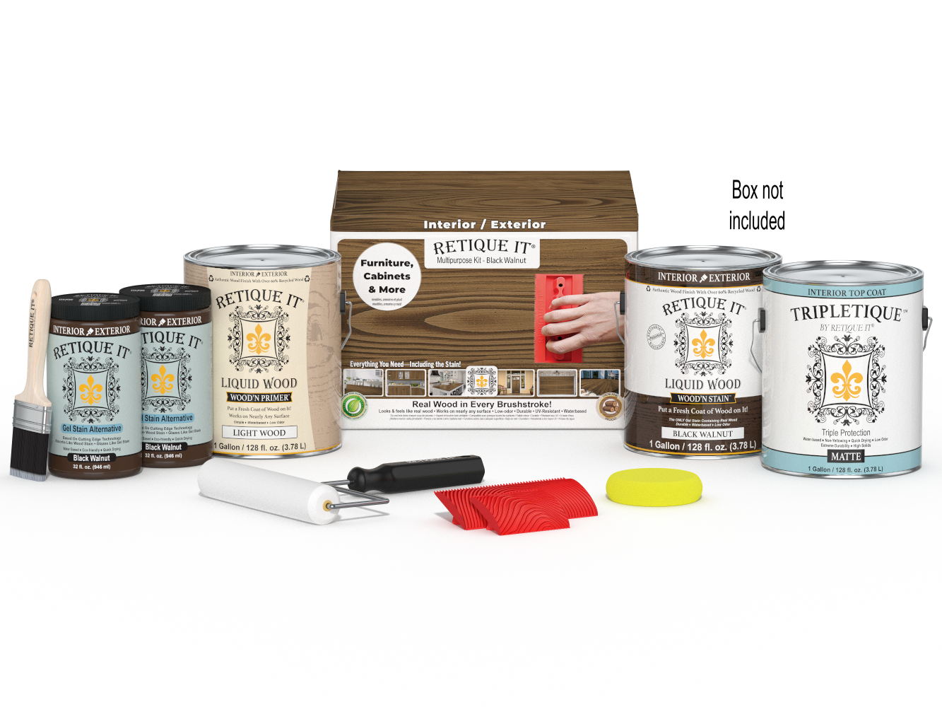 Retique It® Wood'n Kit in black walnut finish, includes four large interior top coat bottles, displayed with packaging and brushes.