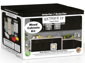 Retique It Wood'n Cabinet Kit with 48 grained black doors, showcasing a stylish stained wood finish for classic kitchen cabinets.