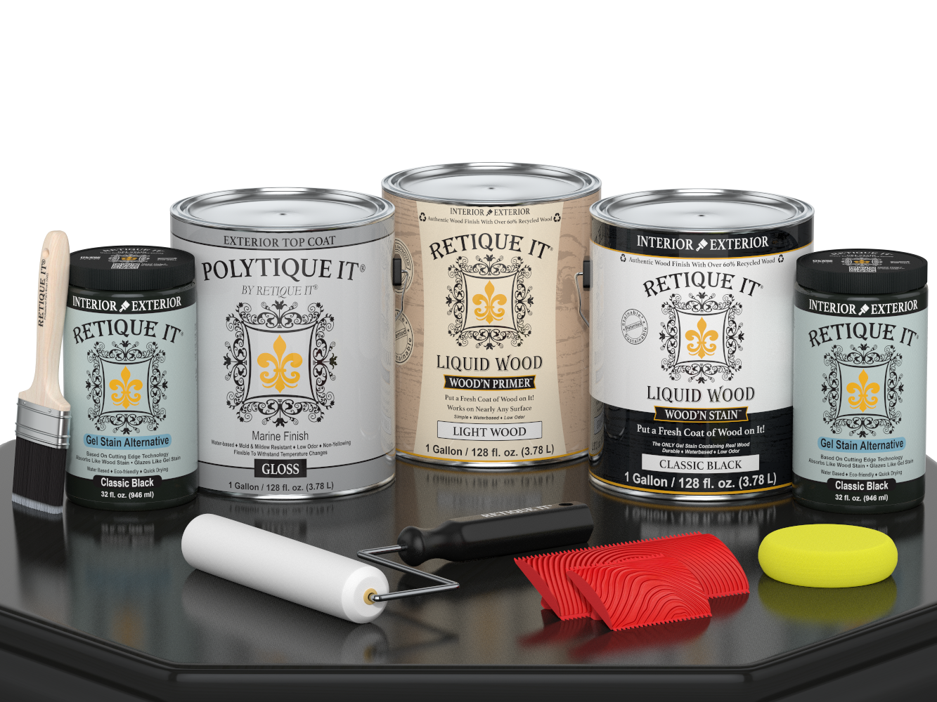 Multi-purpose Wood'n Kit by Retique It in classic black with gloss finish, includes four large exterior top coat wood finish kits.