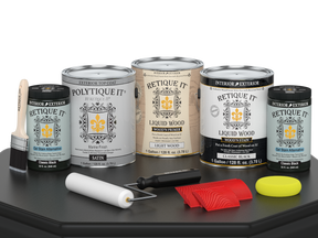 Retique It® Wood'n Kit Multi-purpose exterior top coat set with four satin black finish wood finish containers on a table.