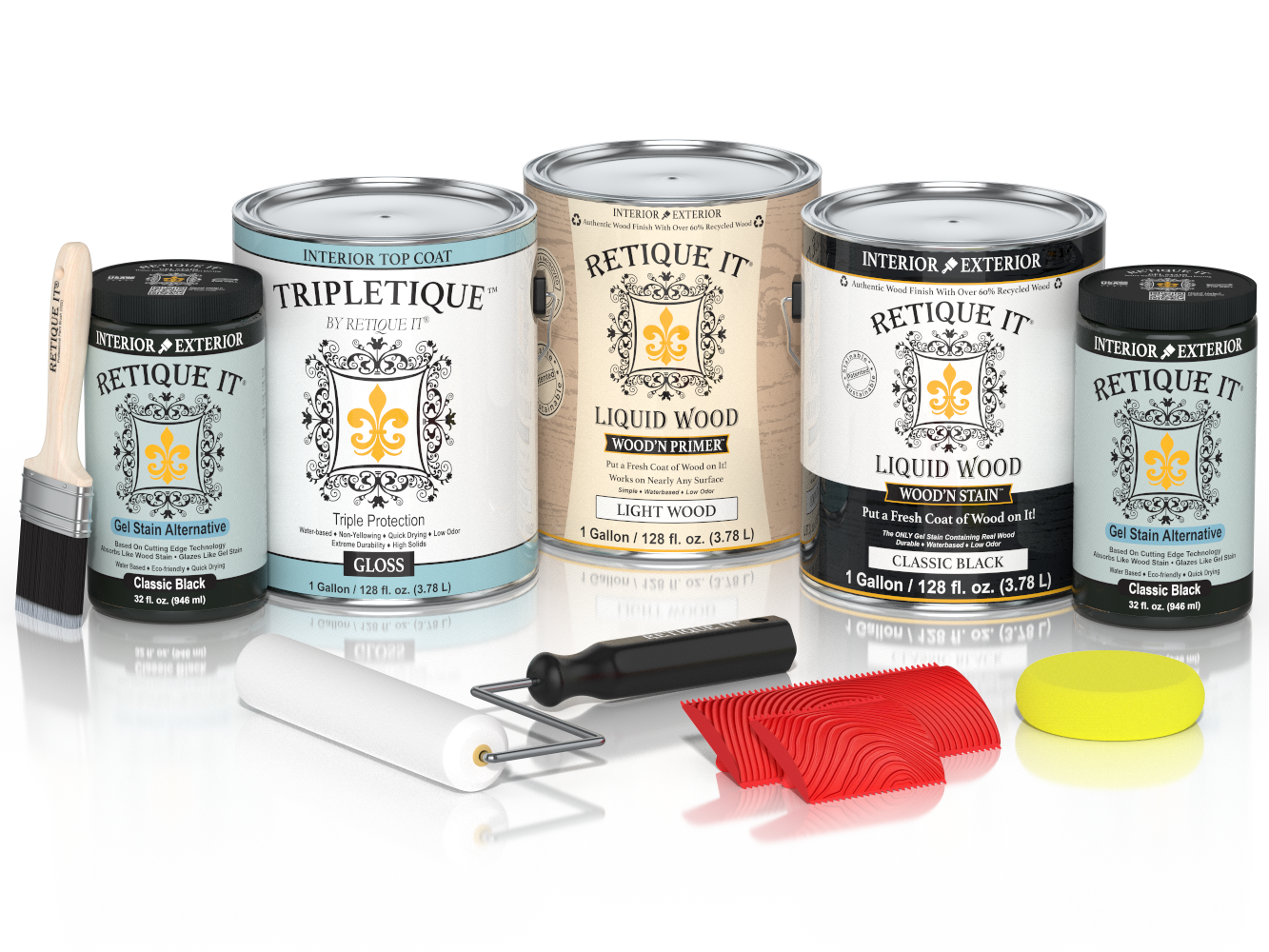 Retique It® Wood'n Finish Kit in classic black with interior top coat, featuring four large wood finish bottles and gloss finish.