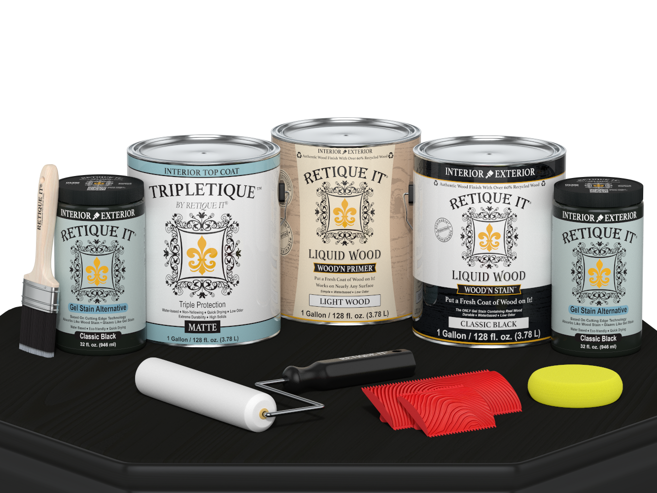 Retique It® Wood'n Finish Kit in Classic Black, multi-purpose interior top coat with matte finish, shown on a wooden table.