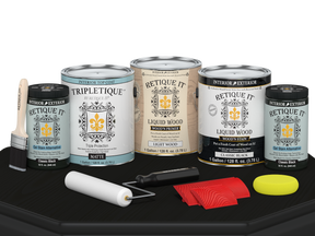 Retique It® Wood'n Finish Kit in Classic Black, multi-purpose interior top coat with matte finish, shown on a wooden table.