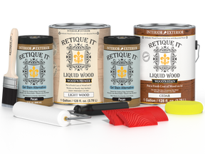 Retique It® Wood'n Cabinet Kit with 48 cedar-grain stained cabinet doors, showcasing natural wood texture and color.