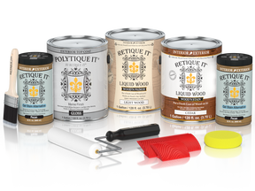 Glossy cedar exterior wood finish kit with four large containers from Retique It® Wood'n Finish Kits, perfect for outdoor projects.