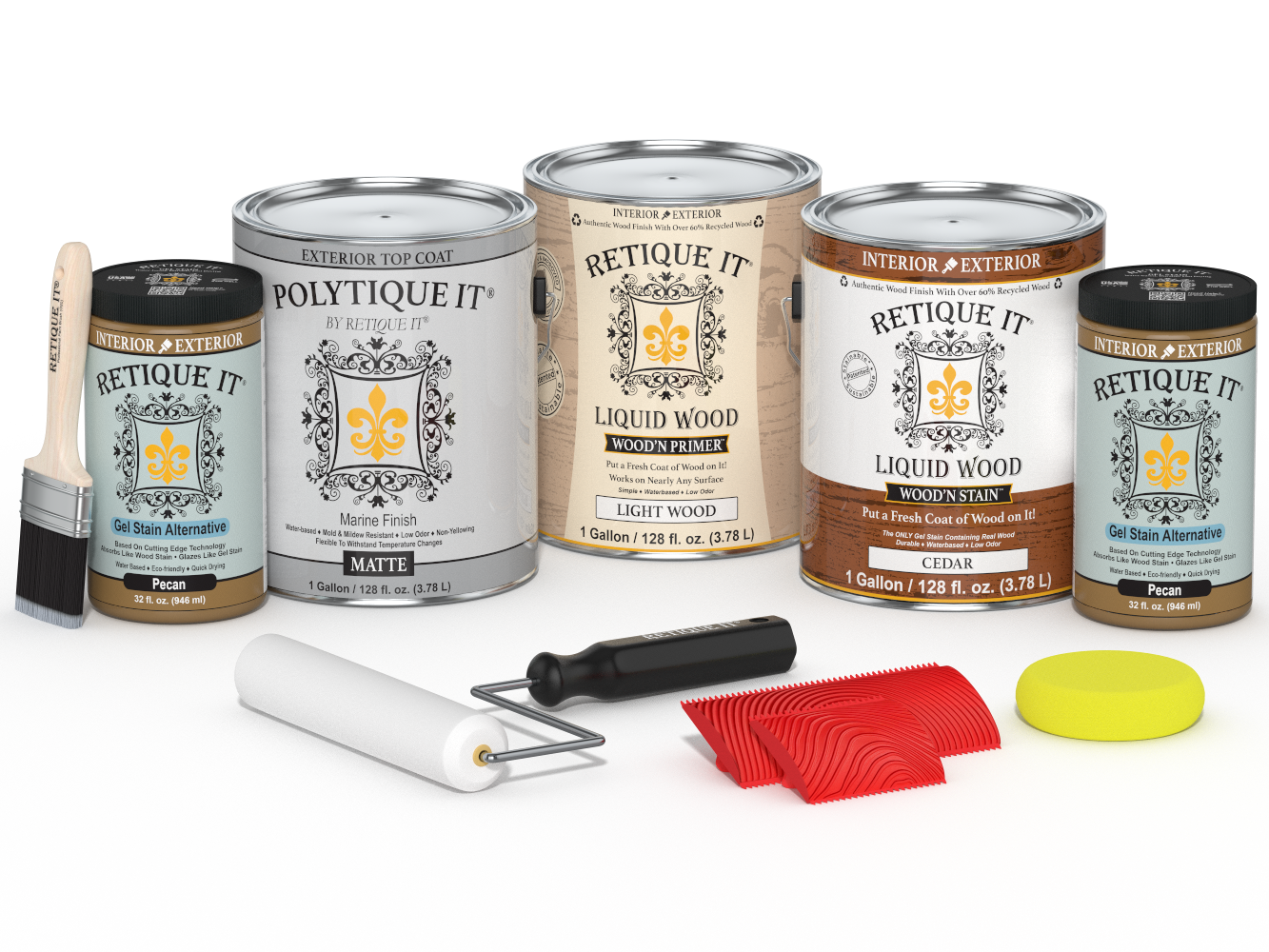 Retique It® Wood'n Kit with four cedar exterior top coat finish bottles for multi-purpose wood projects, matte appearance.