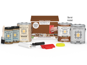 Retique It® Wood'n Kit cedar exterior top coat with four large wood finish bottles and applicator tools in a box.