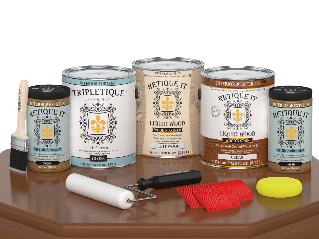 Retique ItÂ® Wood'n Finish Kit in cedar, large size, with interior top coat, showing a gloss finish on wood surface.