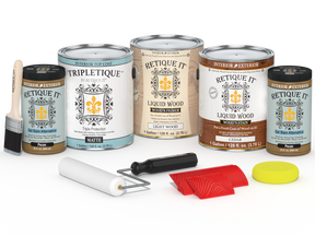 Retique ItÂ® Wood'n Finish Kit with four large cedar interior top coat bottles, matte finish, for multi-purpose wood finishing projects.
