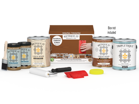 Retique ItÂ® Wood'n Finish Kit Cedar, multi-purpose interior top coat with four large wood treatment bottles and applicator box.