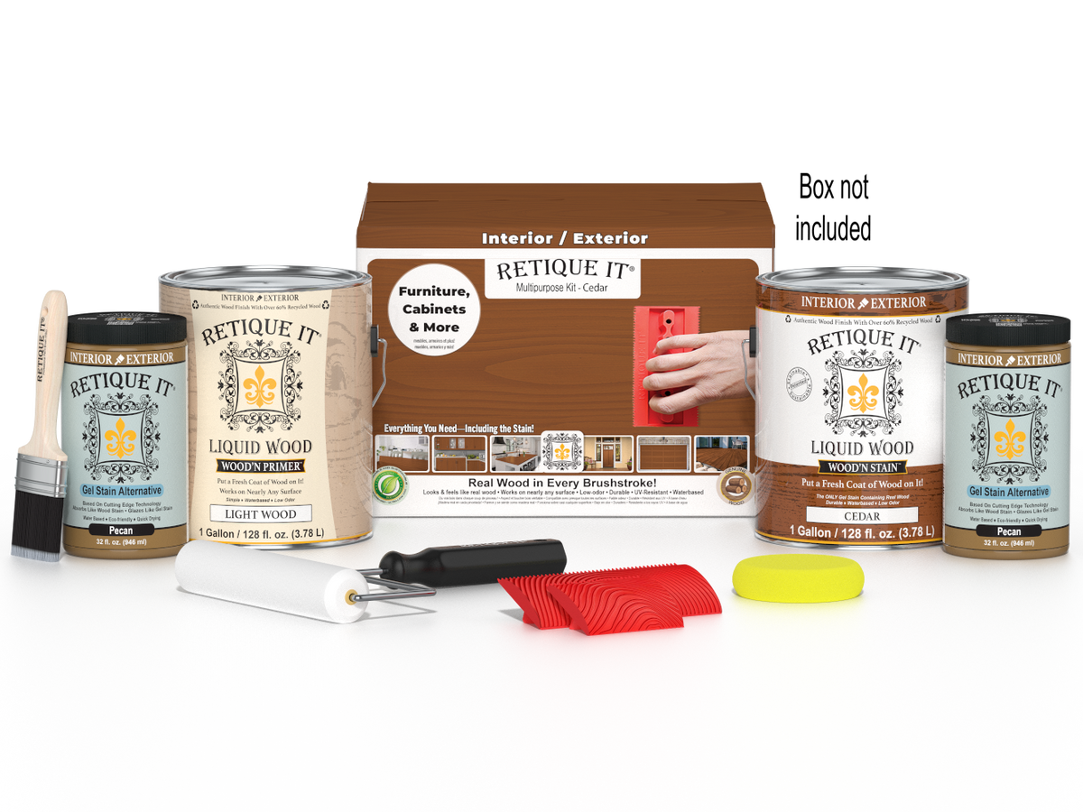 Retique It® Wood'n Finish Kit Cedar, multi-purpose wood finishing set with four large bottles and applicator tools.