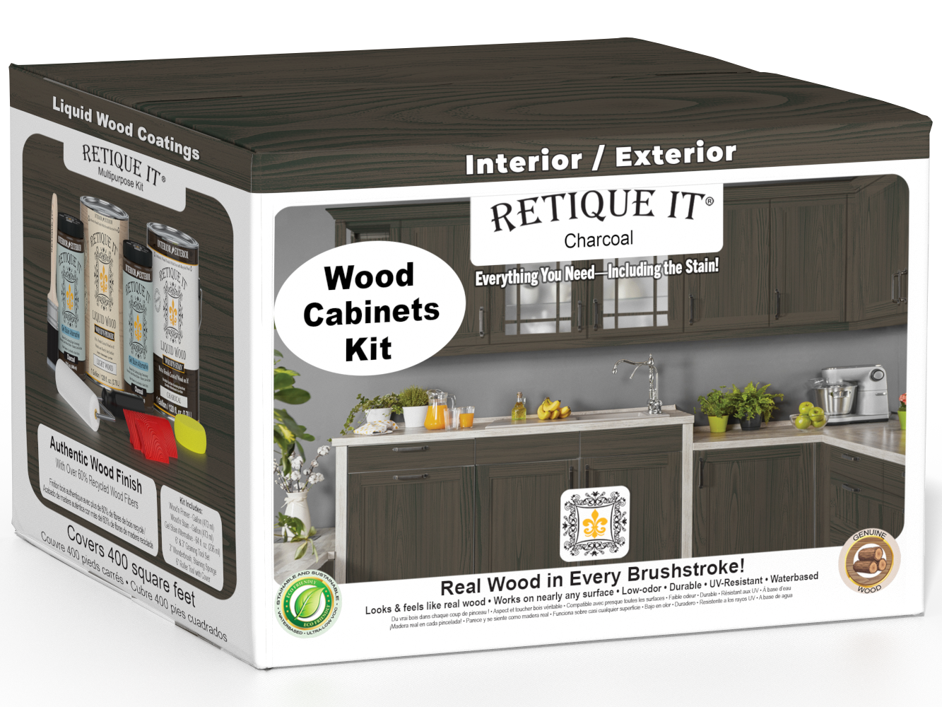 Retique It® Wood'n Cabinet Kit with 48 charcoal grained cabinet doors, showcasing a stained wood grain finish.
